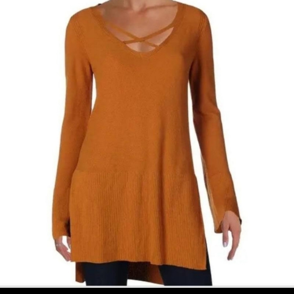 Free People Crisscross Tunic Sweater Orange Small Linen Blend
